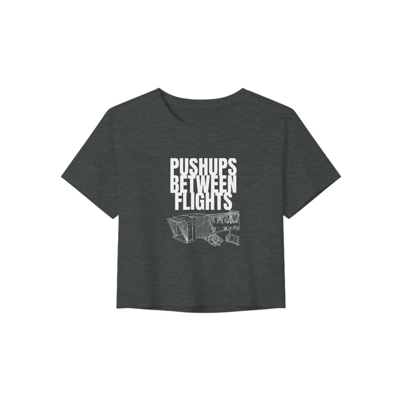 women's flowy travel crop tee with white Pushups Between Flights jet-bridge print, product view 2
