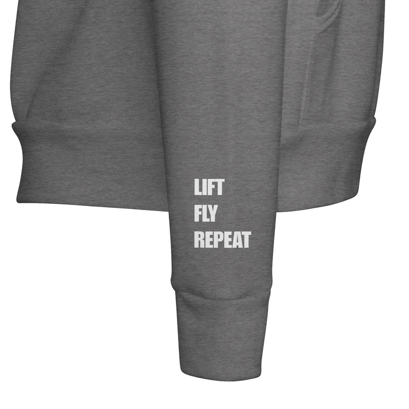 Lift Fly Repeat unisex pullover hoodie for travelling professionals, printed with a laurel-wreath crest with crossed dumbbells, aviator wings and a LIFT. FLY. REPEAT. ribbon — product photo 11 of 12