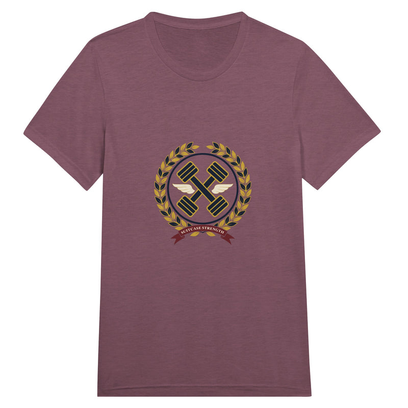 Suitcase Strength unisex triblend tee for travelling professionals, printed with a gold laurel-wreath crest with navy crossed dumbbells, cream aviator wings and a SUITCASE STRENGTH ribbon — product photo 6 of 19
