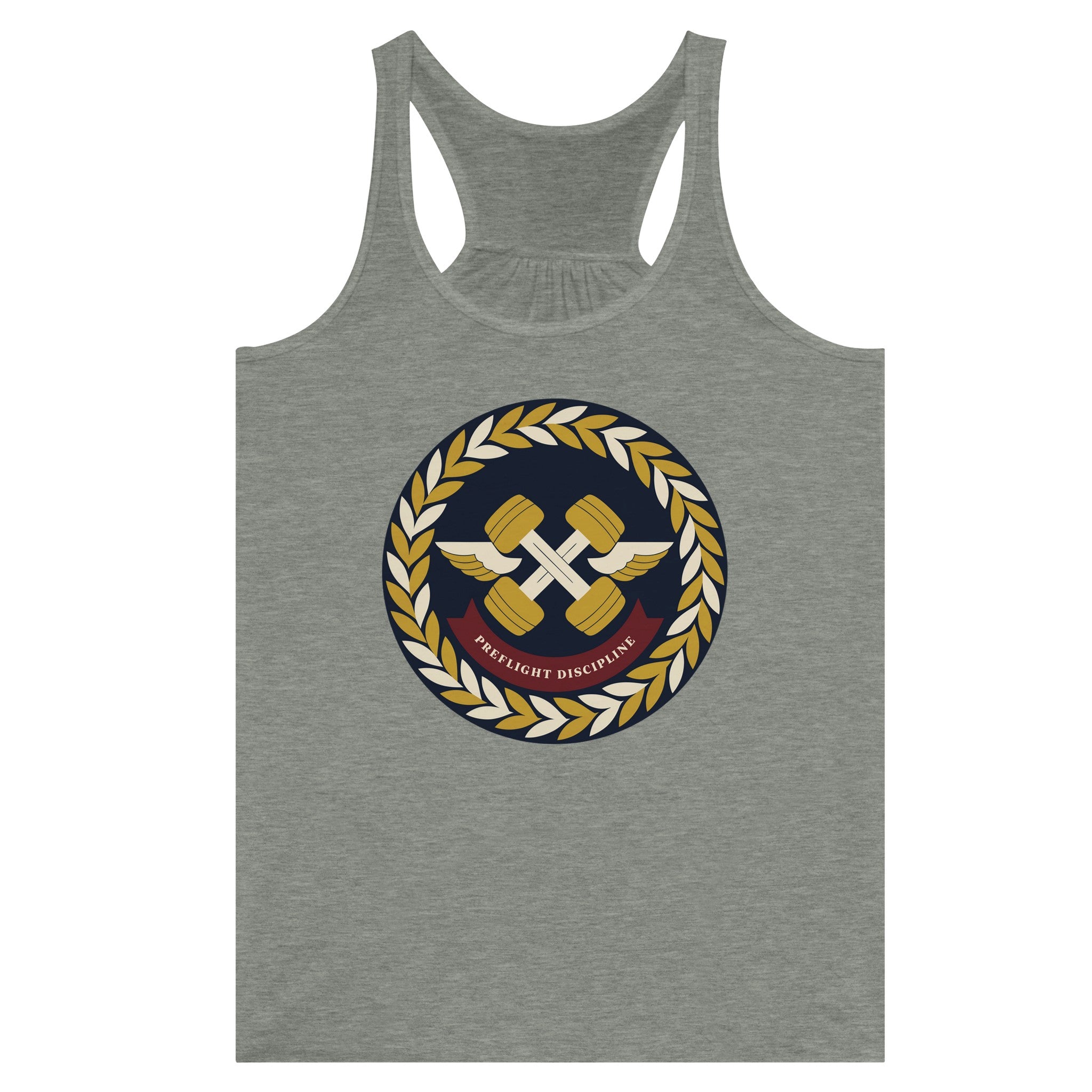 Preflight Discipline women's racerback tank for travelling professionals, printed with a laurel-wreath crest with crossed dumbbells, aviator wings and a PREFLIGHT DISCIPLINE banner — product photo 1 of 13