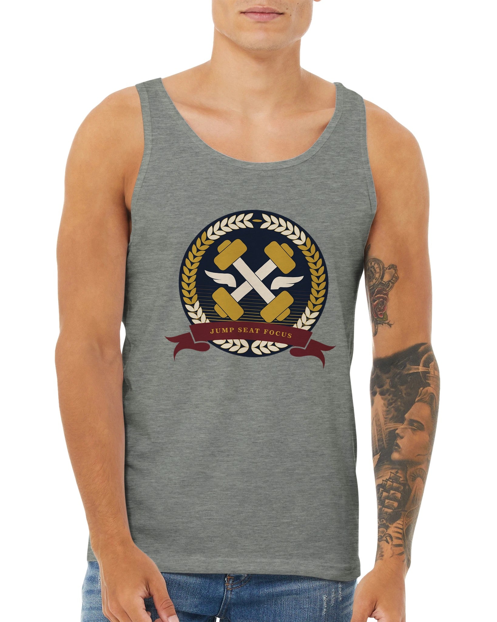 Dumbbells & Hotels unisex tank top with the Jump Seat Focus crest (gold laurel ring, crossed dumbbells over aviator wings, burgundy ribbon) - product shot 17 of 18