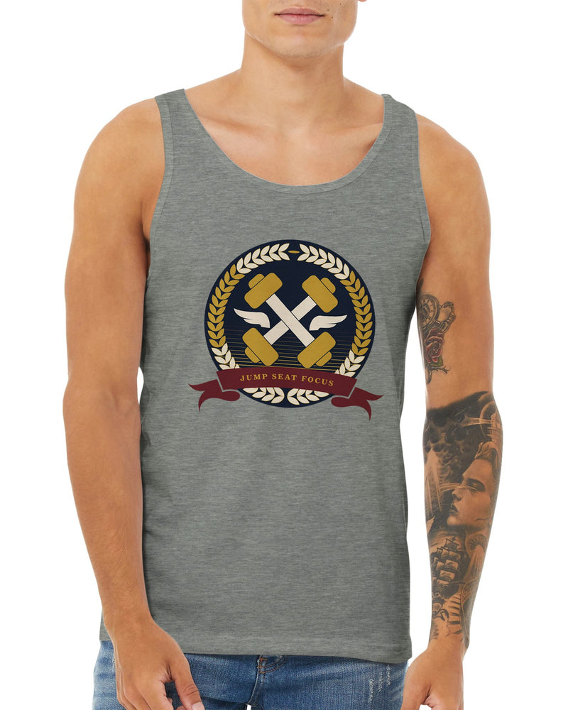 Dumbbells & Hotels unisex tank top with the Jump Seat Focus crest (gold laurel ring, crossed dumbbells over aviator wings, burgundy ribbon) - product shot 17 of 18