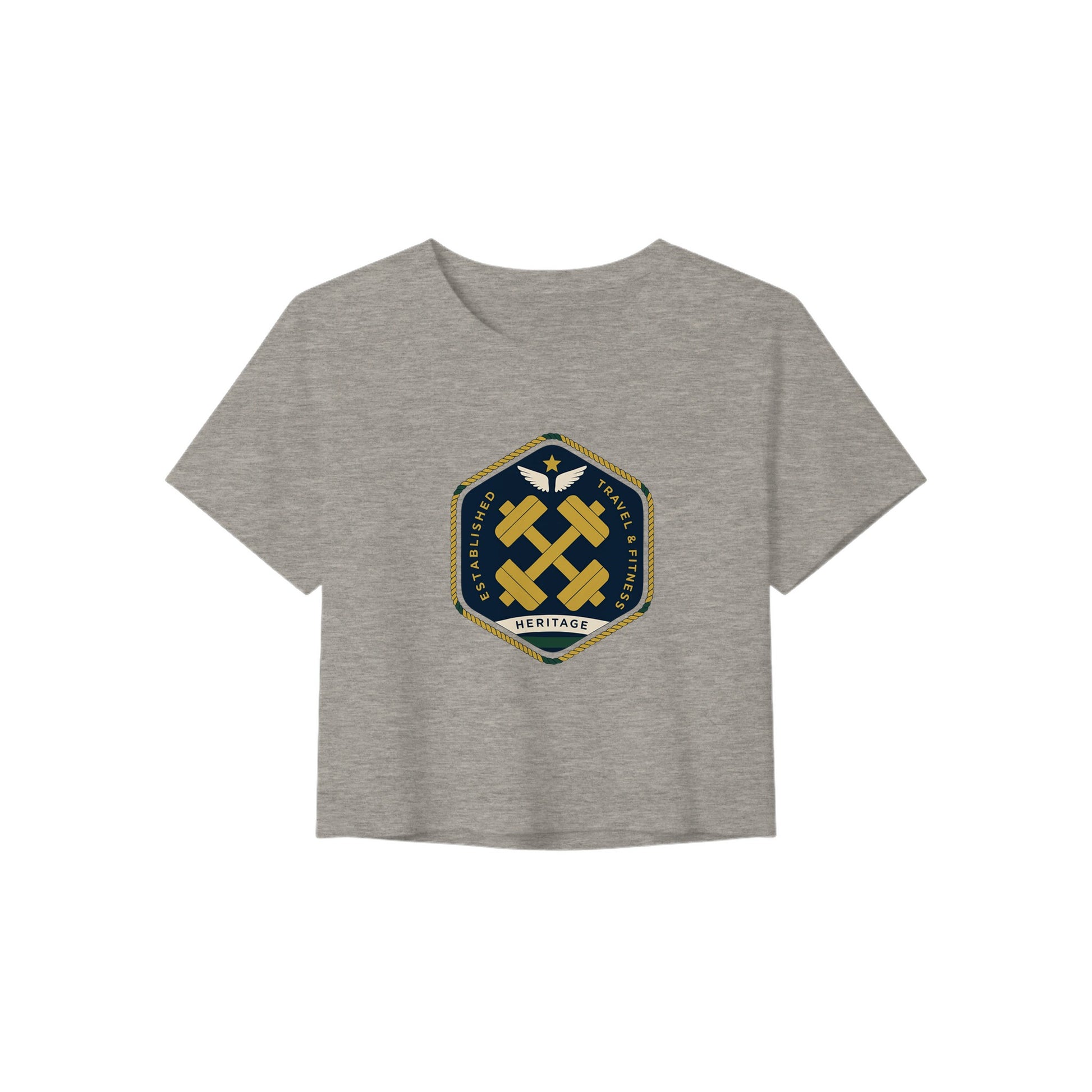 Heritage Standard crest-emblem travel crop tee, Dumbbells & Hotels road warrior apparel