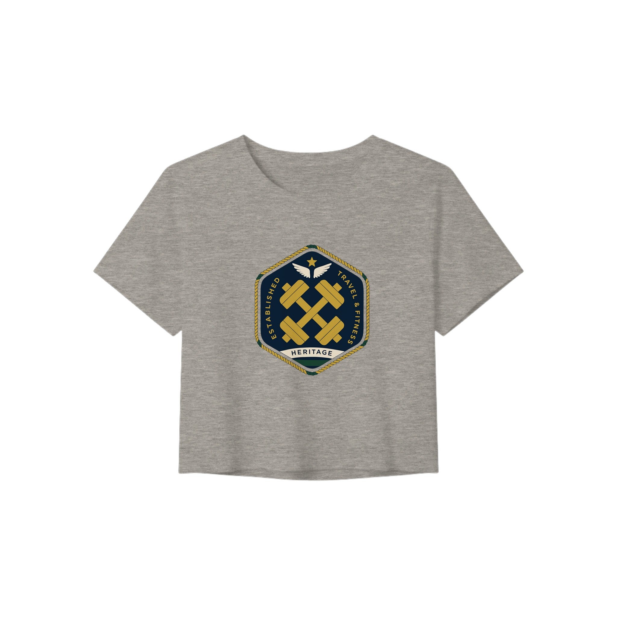 Heritage Standard crest-emblem travel crop tee, Dumbbells & Hotels road warrior apparel