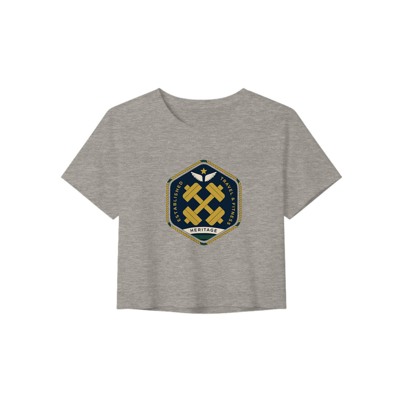 Heritage Standard crest-emblem travel crop tee, Dumbbells & Hotels road warrior apparel