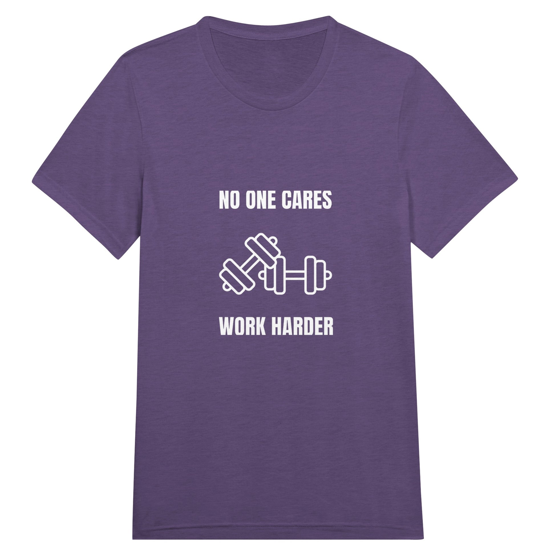 unisex triblend travel tee with white No One Cares. Work Harder. crossed-dumbbells print, styled for hotel gym training