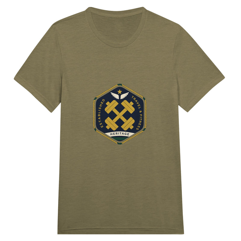 Heritage Standard crest-emblem travel tee, Dumbbells & Hotels road warrior apparel