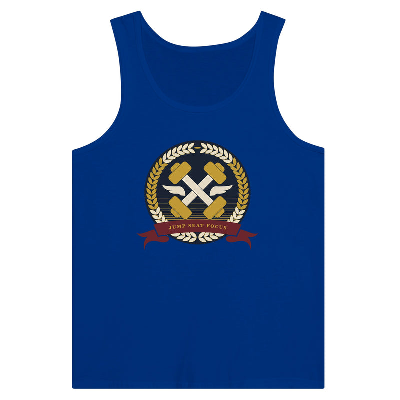 Dumbbells & Hotels unisex tank top with the Jump Seat Focus crest (gold laurel ring, crossed dumbbells over aviator wings, burgundy ribbon) - product shot 4 of 18