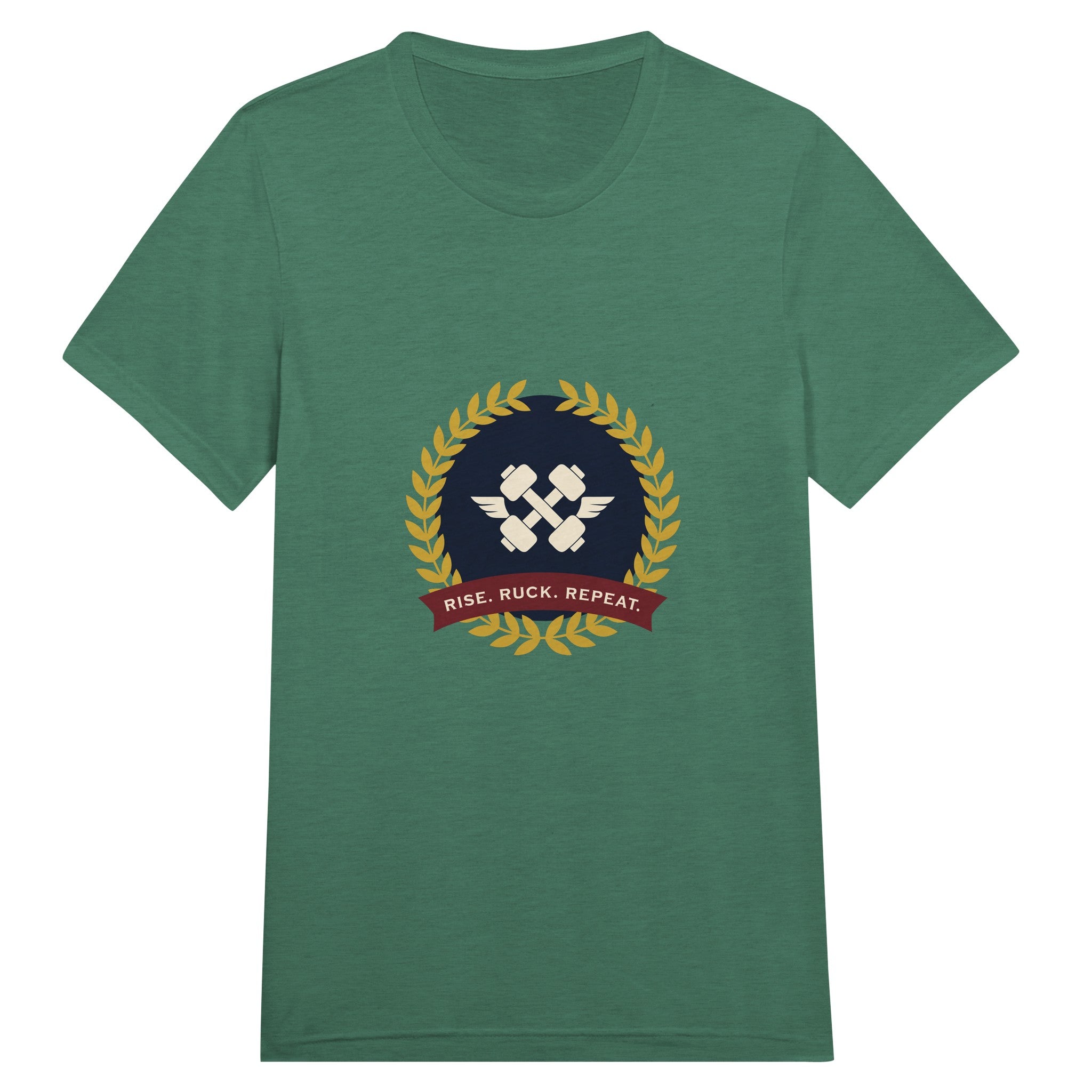 Rise. Ruck. Repeat. unisex triblend tee in Grass Green Triblend — packable travel training apparel from Dumbbells & Hotels
