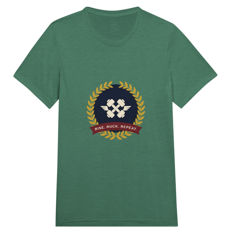Rise. Ruck. Repeat. unisex triblend tee in Grass Green Triblend — packable travel training apparel from Dumbbells & Hotels