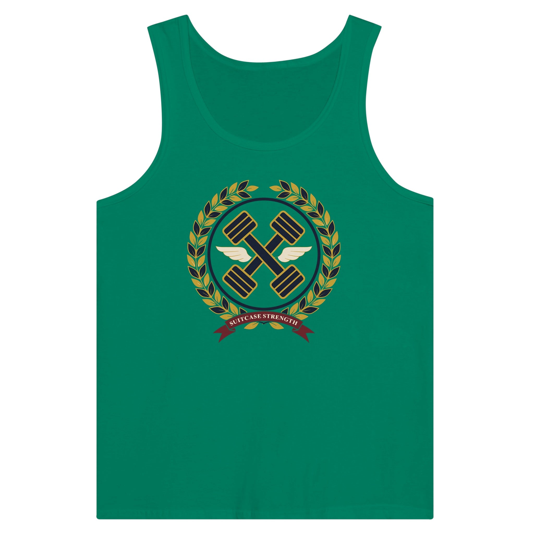 Suitcase Strength unisex premium tank top for travelling professionals, printed with a gold laurel-wreath crest with navy crossed dumbbells, cream aviator wings and a SUITCASE STRENGTH ribbon — product photo 2 of 18