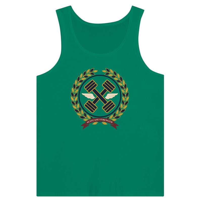 Suitcase Strength unisex premium tank top for travelling professionals, printed with a gold laurel-wreath crest with navy crossed dumbbells, cream aviator wings and a SUITCASE STRENGTH ribbon — product photo 2 of 18