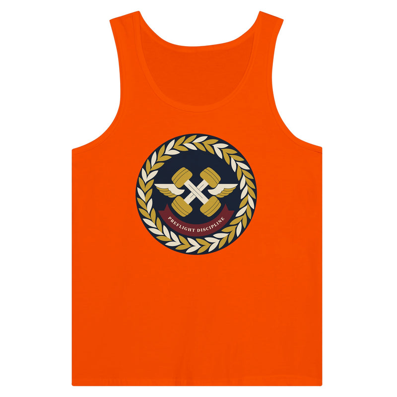 Preflight Discipline unisex tank top for travelling professionals, printed with a laurel-wreath crest with crossed dumbbells, aviator wings and a PREFLIGHT DISCIPLINE banner — product photo 6 of 18