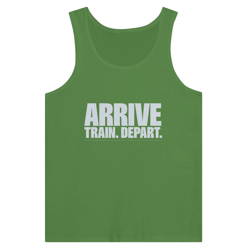 Arrive. Train. Depart. Tank | Dumbbells & Hotels - Arrive. Train. Depart. design, tank product photo