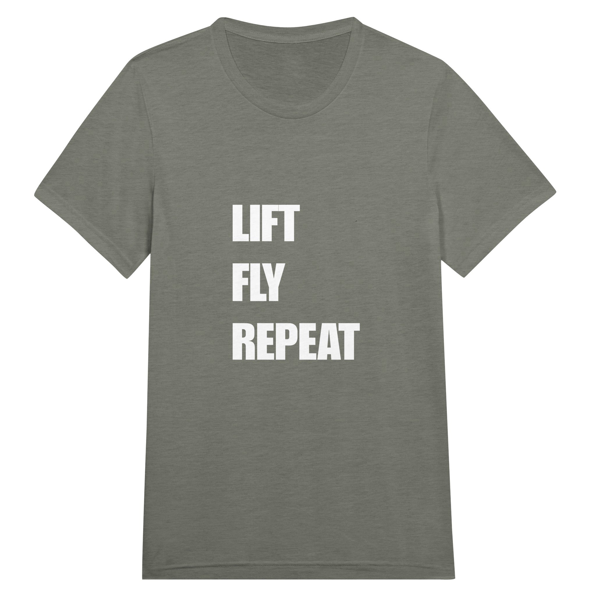 Lift Fly Repeat unisex triblend tee for travelling professionals, printed with a laurel-wreath crest with crossed dumbbells, aviator wings and a LIFT. FLY. REPEAT. ribbon — product photo 1 of 19