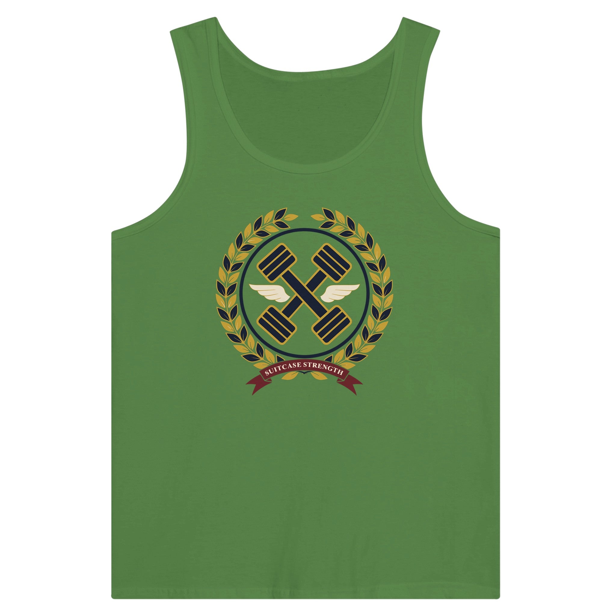 Suitcase Strength unisex premium tank top for travelling professionals, printed with a gold laurel-wreath crest with navy crossed dumbbells, cream aviator wings and a SUITCASE STRENGTH ribbon — product photo 5 of 18
