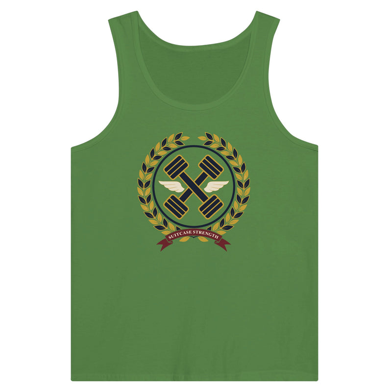 Suitcase Strength unisex premium tank top for travelling professionals, printed with a gold laurel-wreath crest with navy crossed dumbbells, cream aviator wings and a SUITCASE STRENGTH ribbon — product photo 5 of 18