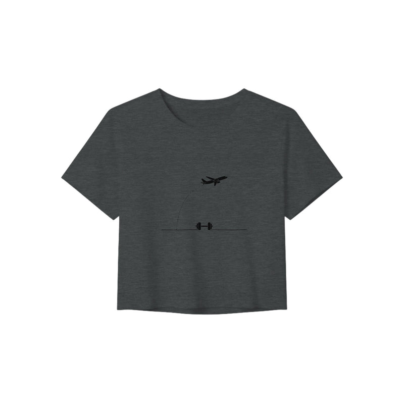 Beverage Cart Miles, Bodyweight Wins women's travel crop tee by Dumbbells & Hotels - front print detail