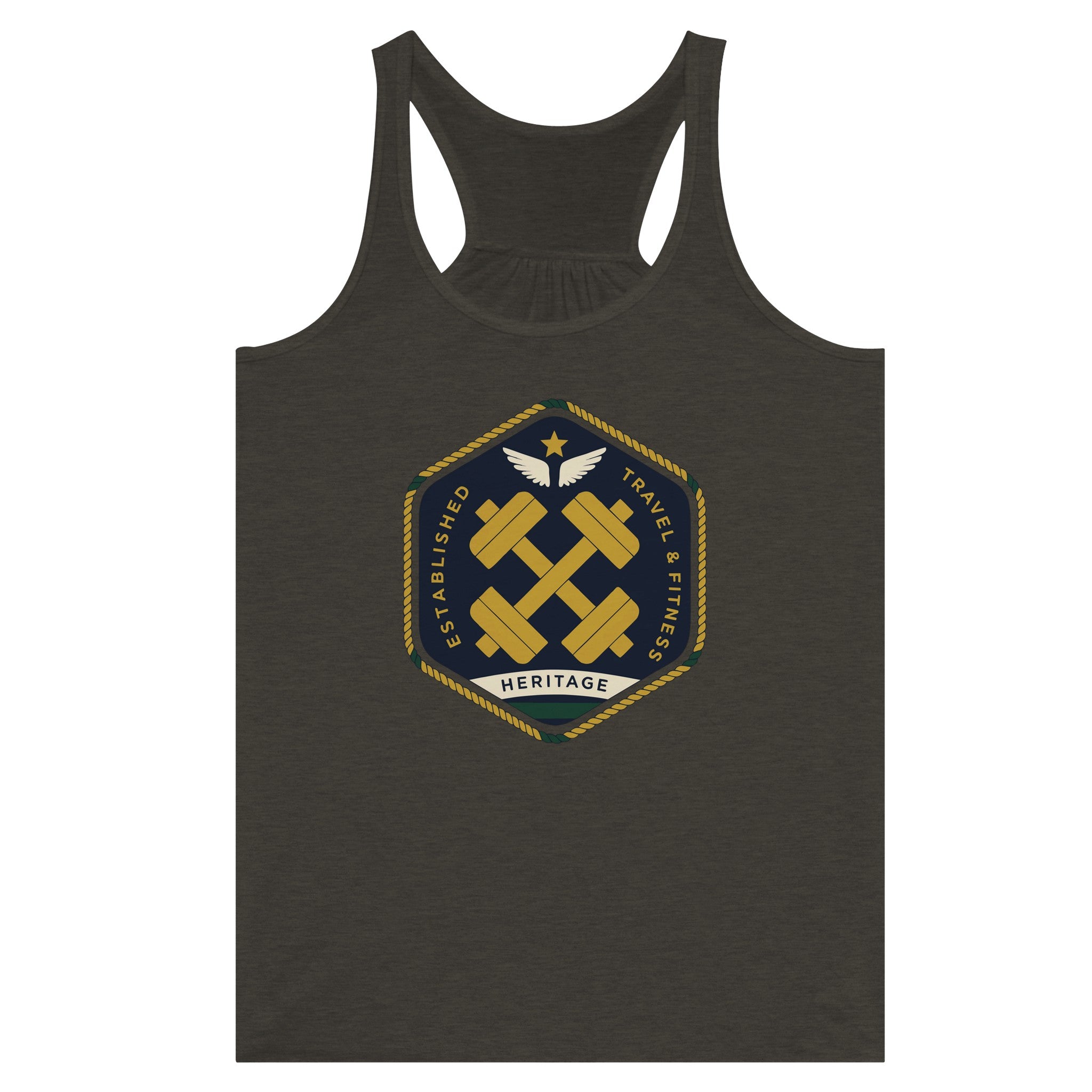Heritage Standard crest-emblem flowy racerback tank, Dumbbells & Hotels road warrior apparel