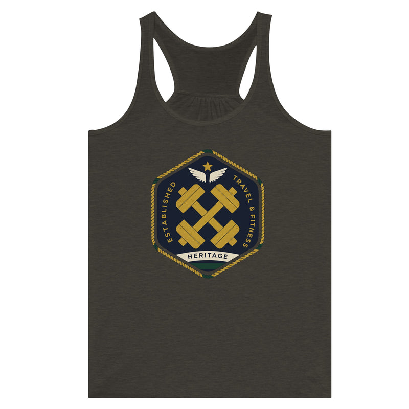 Heritage Standard crest-emblem flowy racerback tank, Dumbbells & Hotels road warrior apparel