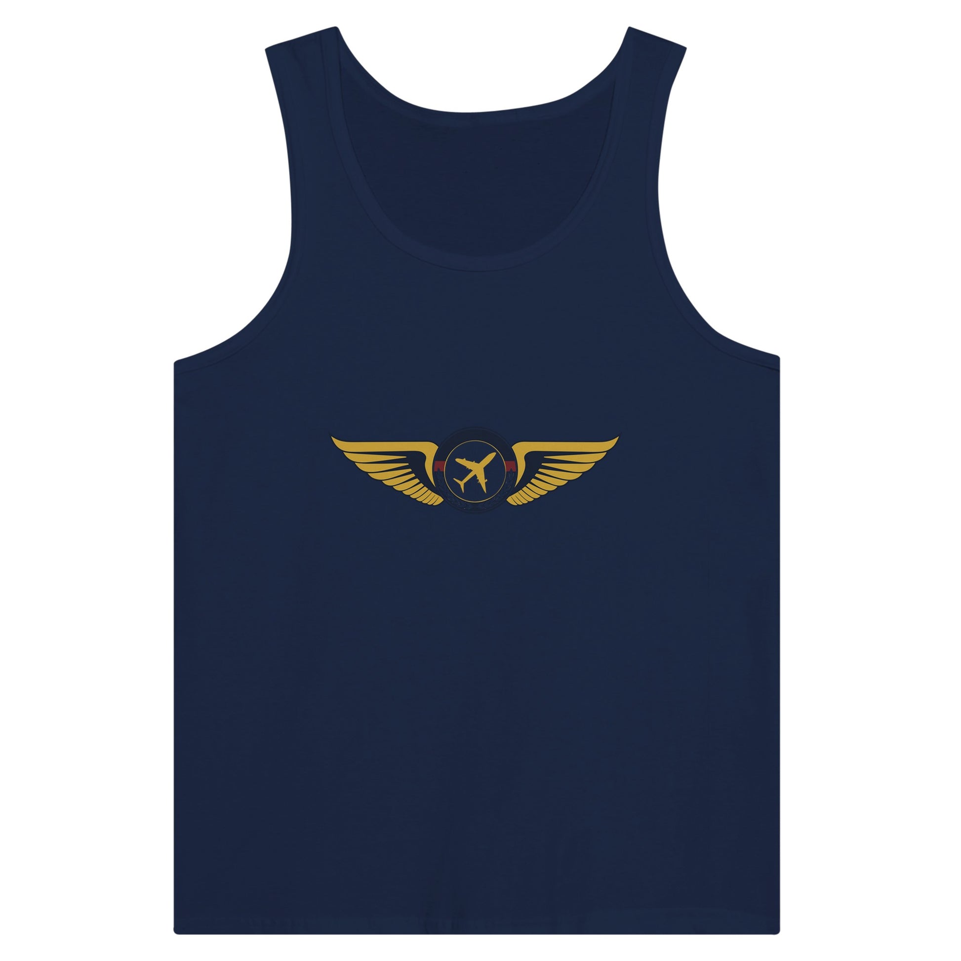 Aviator Wings unisex premium travel tank top, detail view 11 — Dumbbells & Hotels