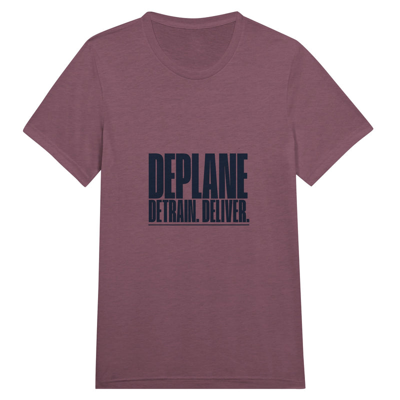 Deplane. Detrain. Deliver. travel tee, Dumbbells and Hotels, colorway flat lay