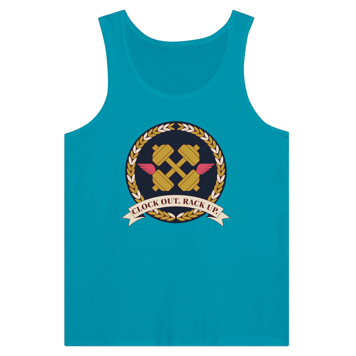 Clock Out. Rack Up. crest design on a Dumbbells and Hotels unisex tank top