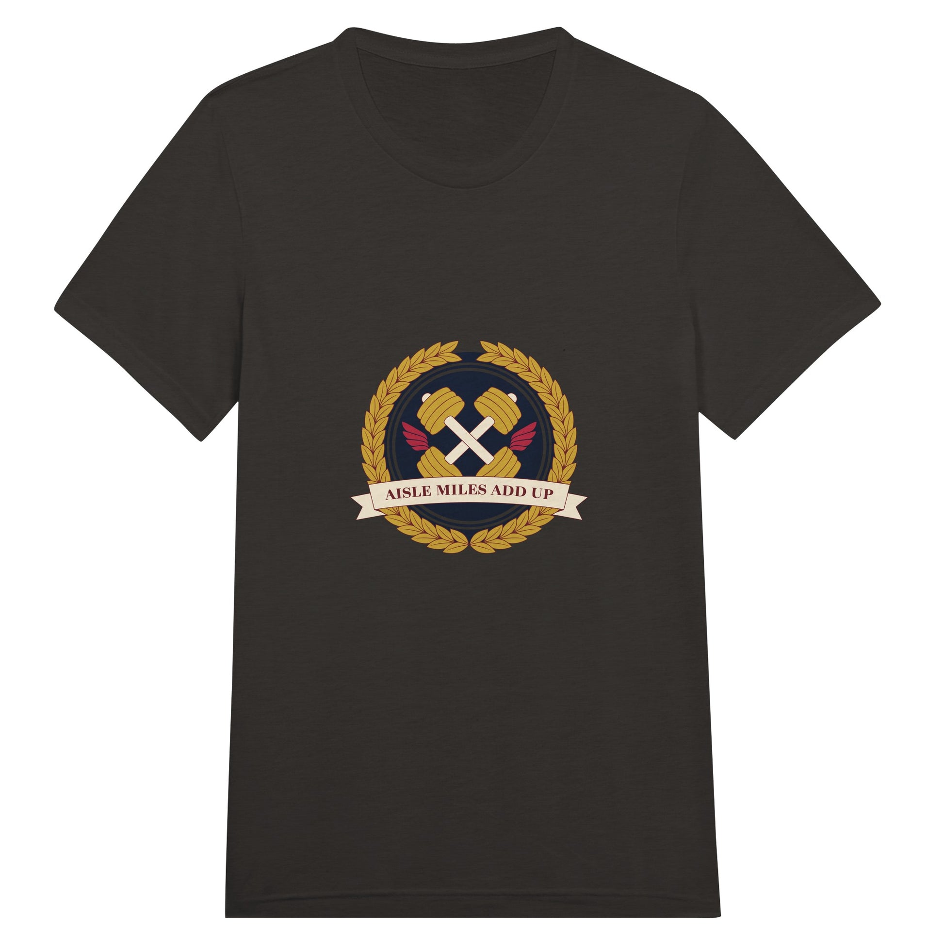Aisle Miles Add Up frequent flyer travel tee, front view 13 — Dumbbells & Hotels