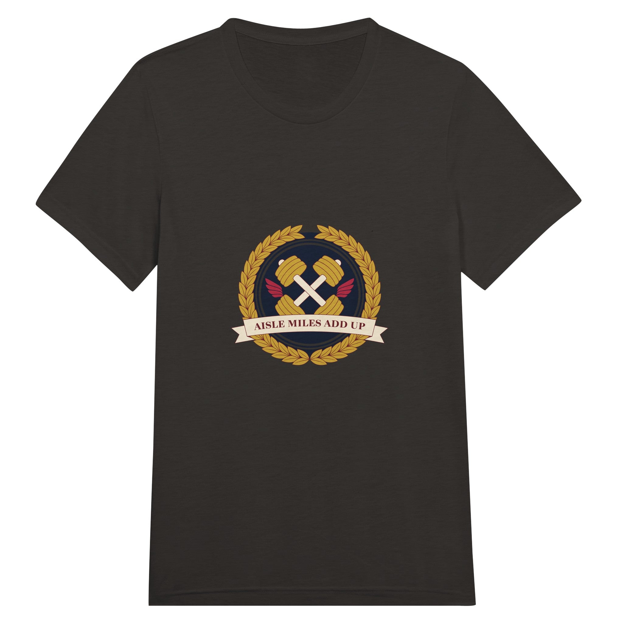 Aisle Miles Add Up frequent flyer travel tee, front view 13 — Dumbbells & Hotels