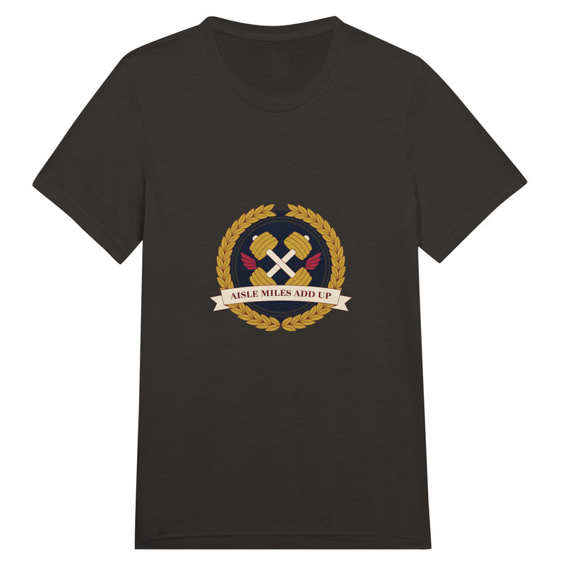 Aisle Miles Add Up frequent flyer travel tee, front view 13 — Dumbbells & Hotels
