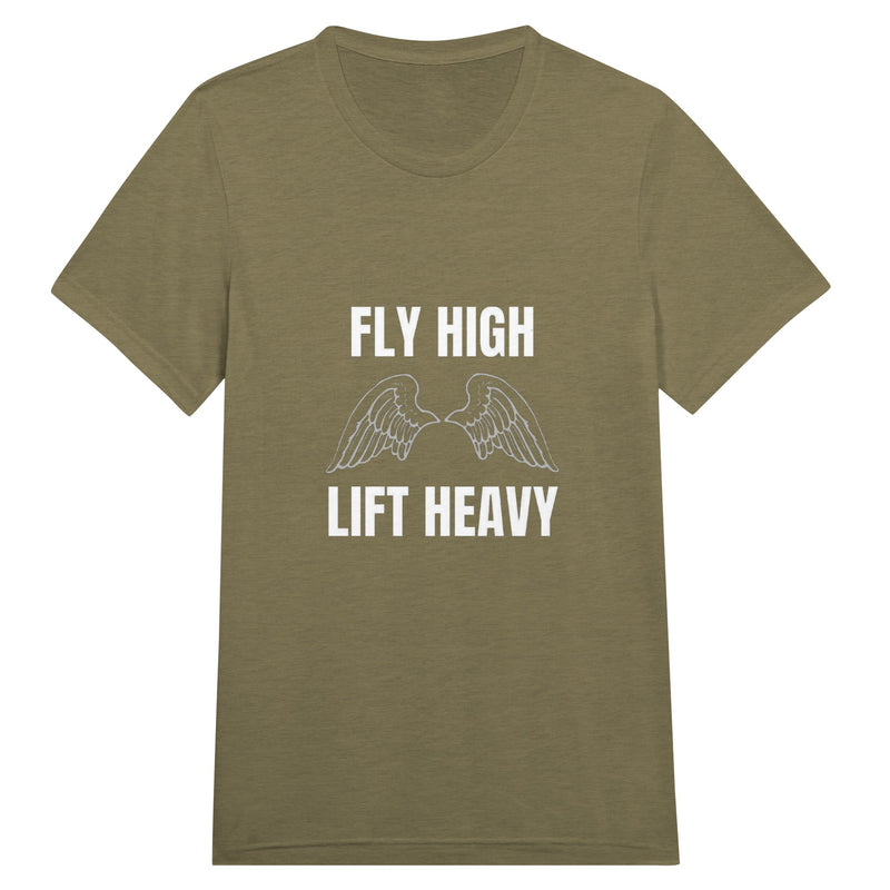 Fly High, Lift Heavy Wingspan Travel Tee in Olive Triblend — hotel gym travel tee by Dumbbells & Hotels