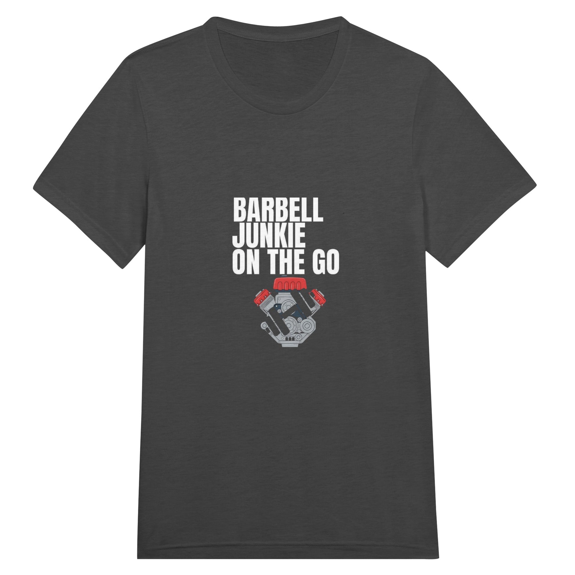 Barbell Junkie on the Go unisex classic travel tee by Dumbbells & Hotels — road warrior gym apparel