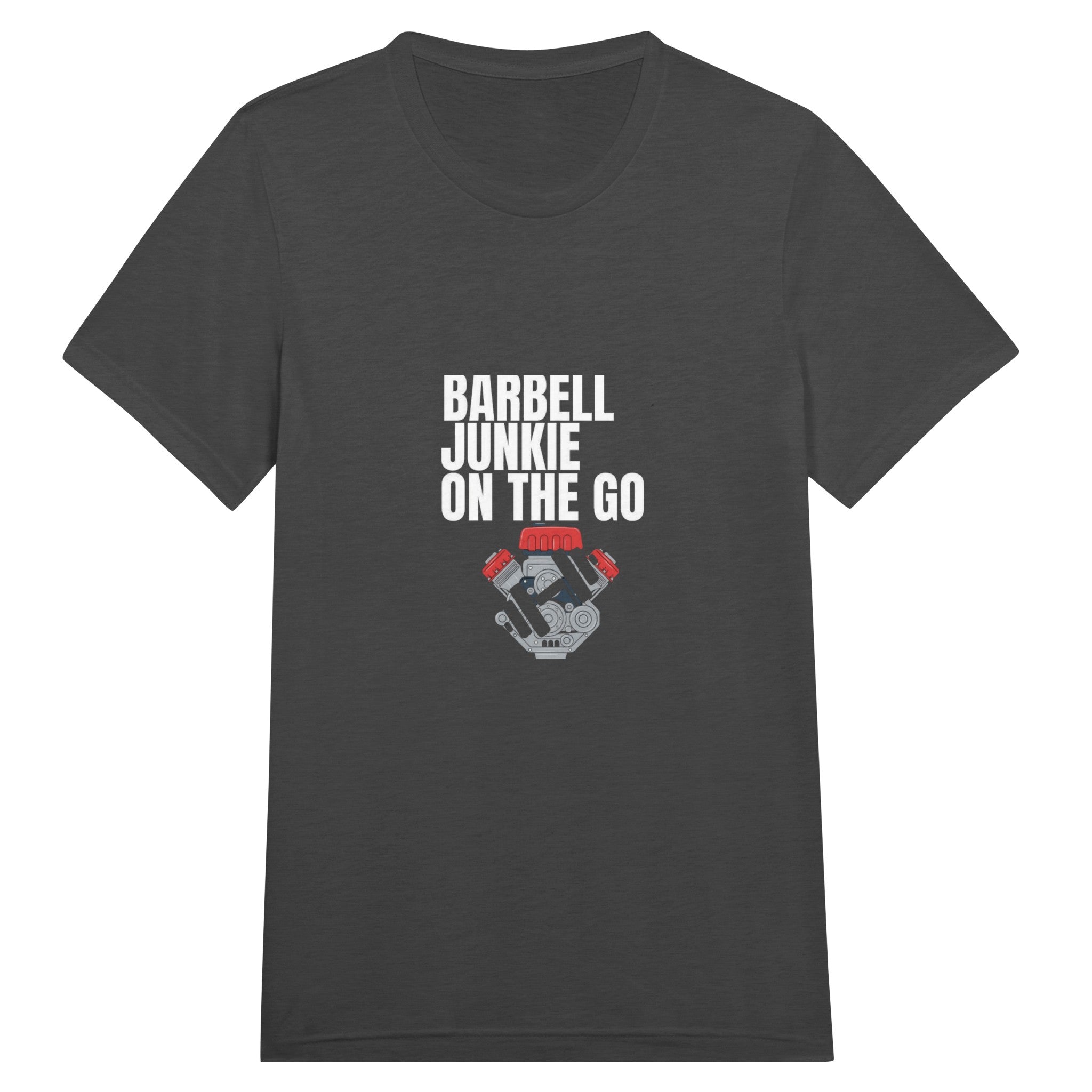 Barbell Junkie on the Go unisex classic travel tee by Dumbbells & Hotels — road warrior gym apparel