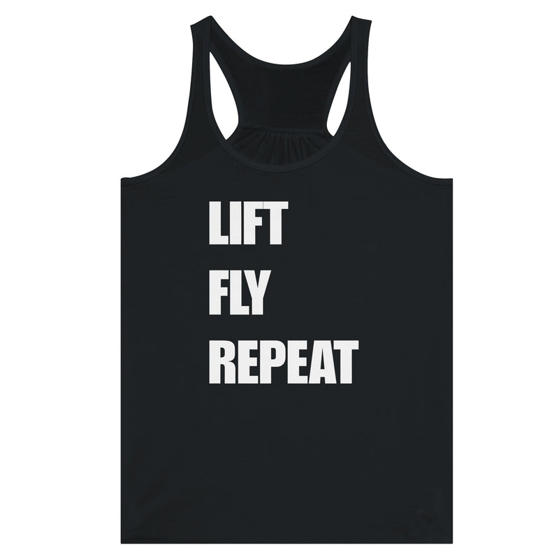 Dumbbells & Hotels women's flowy racerback tank with the Lift Fly Repeat graphic - product shot 11 of 13