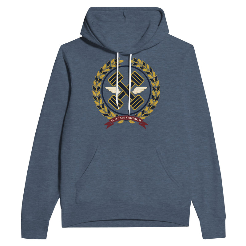 Suitcase Strength unisex pullover hoodie for travelling professionals, printed with a gold laurel-wreath crest with navy crossed dumbbells, cream aviator wings and a SUITCASE STRENGTH ribbon — product photo 4 of 12