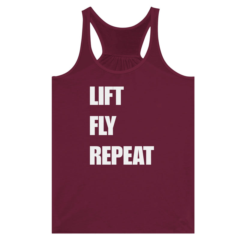 Dumbbells & Hotels women's flowy racerback tank with the Lift Fly Repeat graphic - product shot 7 of 13