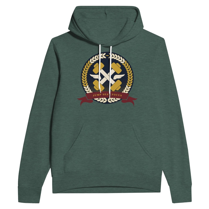 Dumbbells & Hotels unisex pullover hoodie with the Jump Seat Focus crest (gold laurel ring, crossed dumbbells over aviator wings, burgundy ribbon) - product shot 6 of 12
