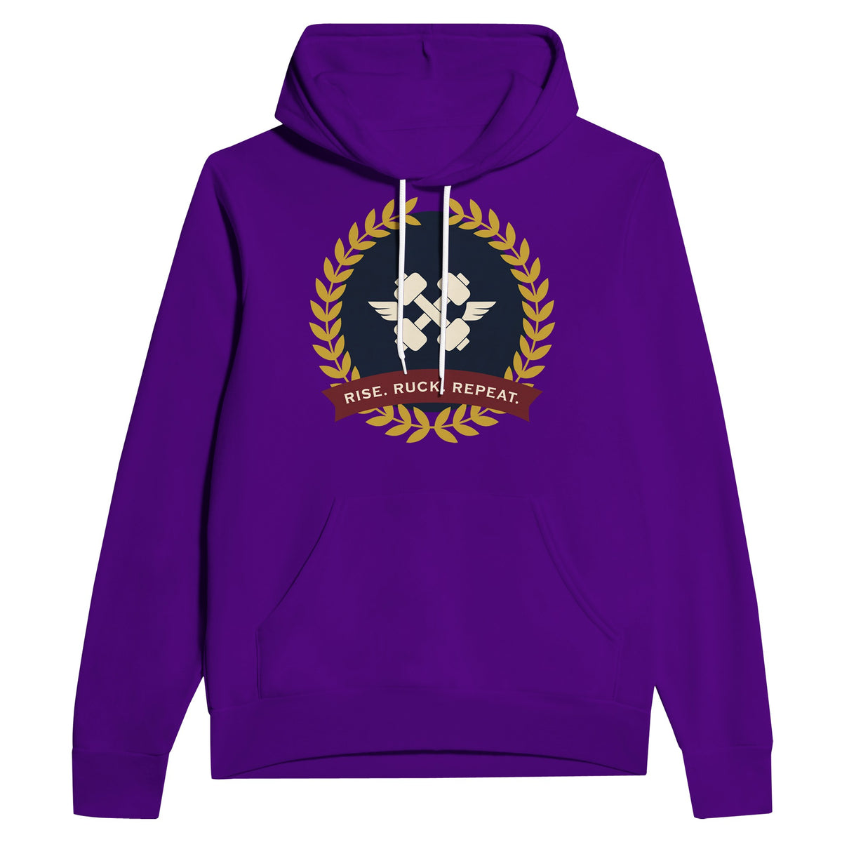Rise. Ruck. Repeat. unisex pullover hoodie in Team Purple — packable travel training apparel from Dumbbells & Hotels