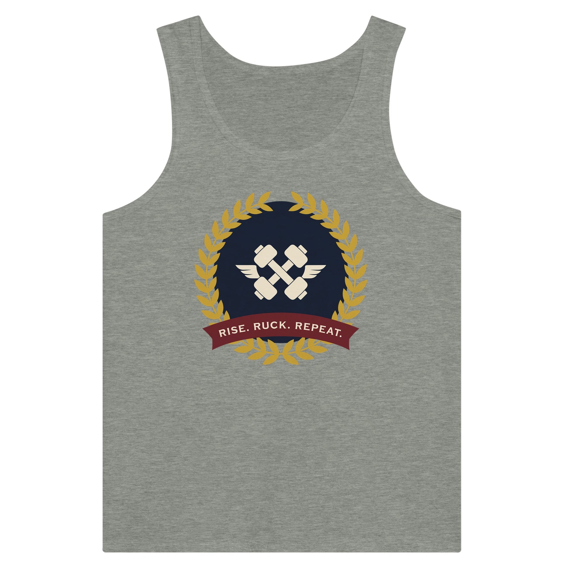Rise. Ruck. Repeat. artwork detail on a unisex tank top designed for hotel gyms and long layovers