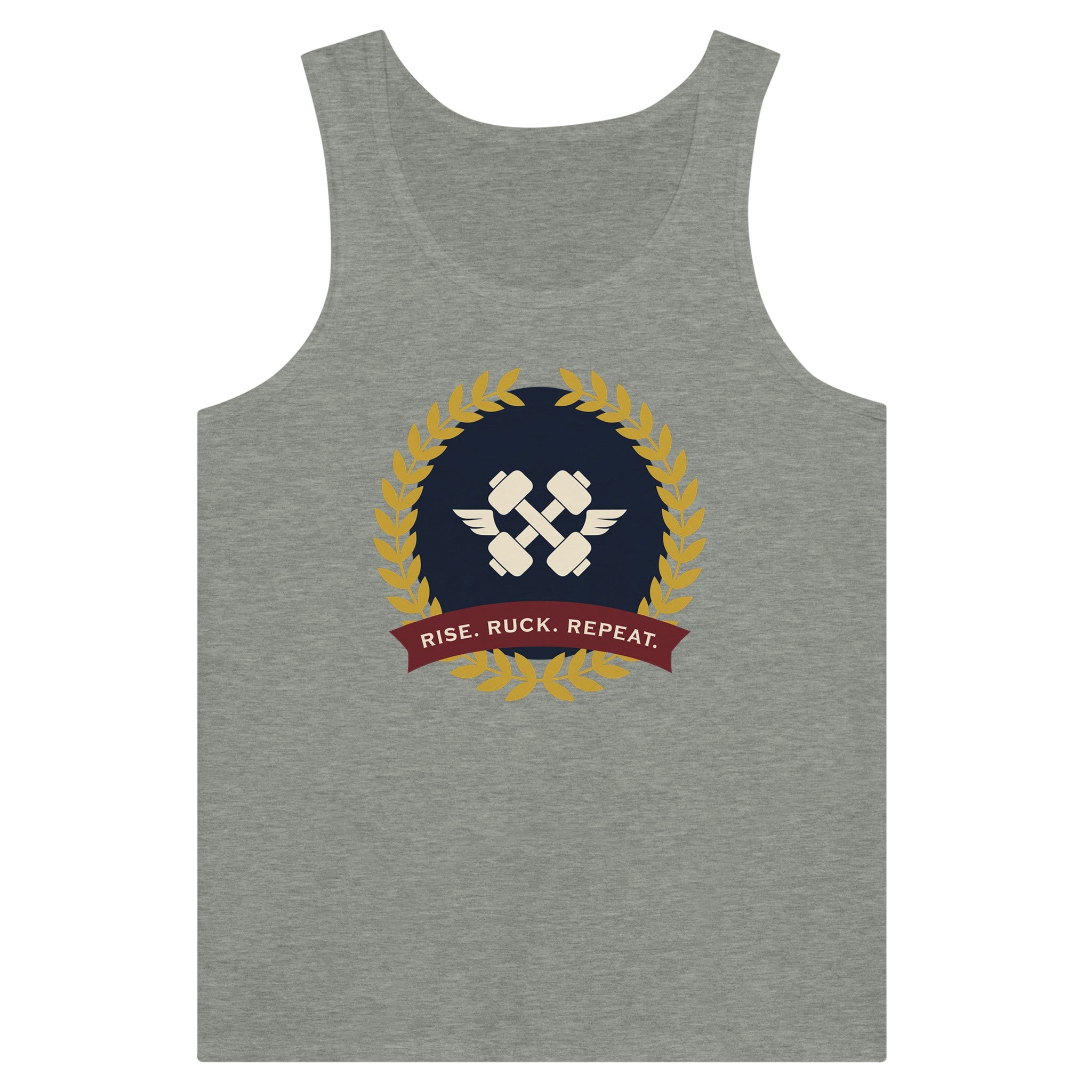 Rise. Ruck. Repeat. artwork detail on a unisex tank top designed for hotel gyms and long layovers