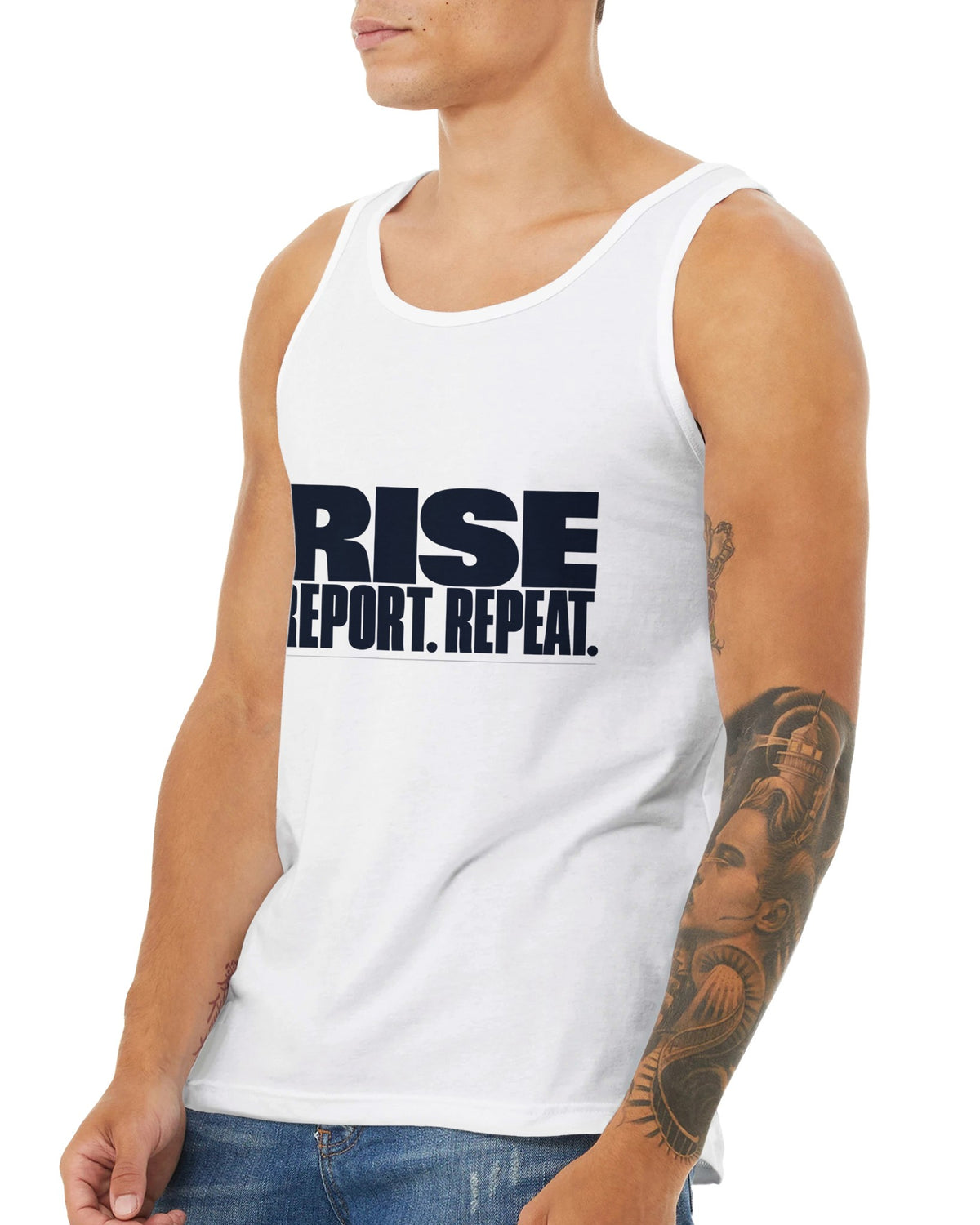 Rise. Report. Repeat. Tank | Dumbbells & Hotels - Rise. Report. Repeat. design, tank product photo