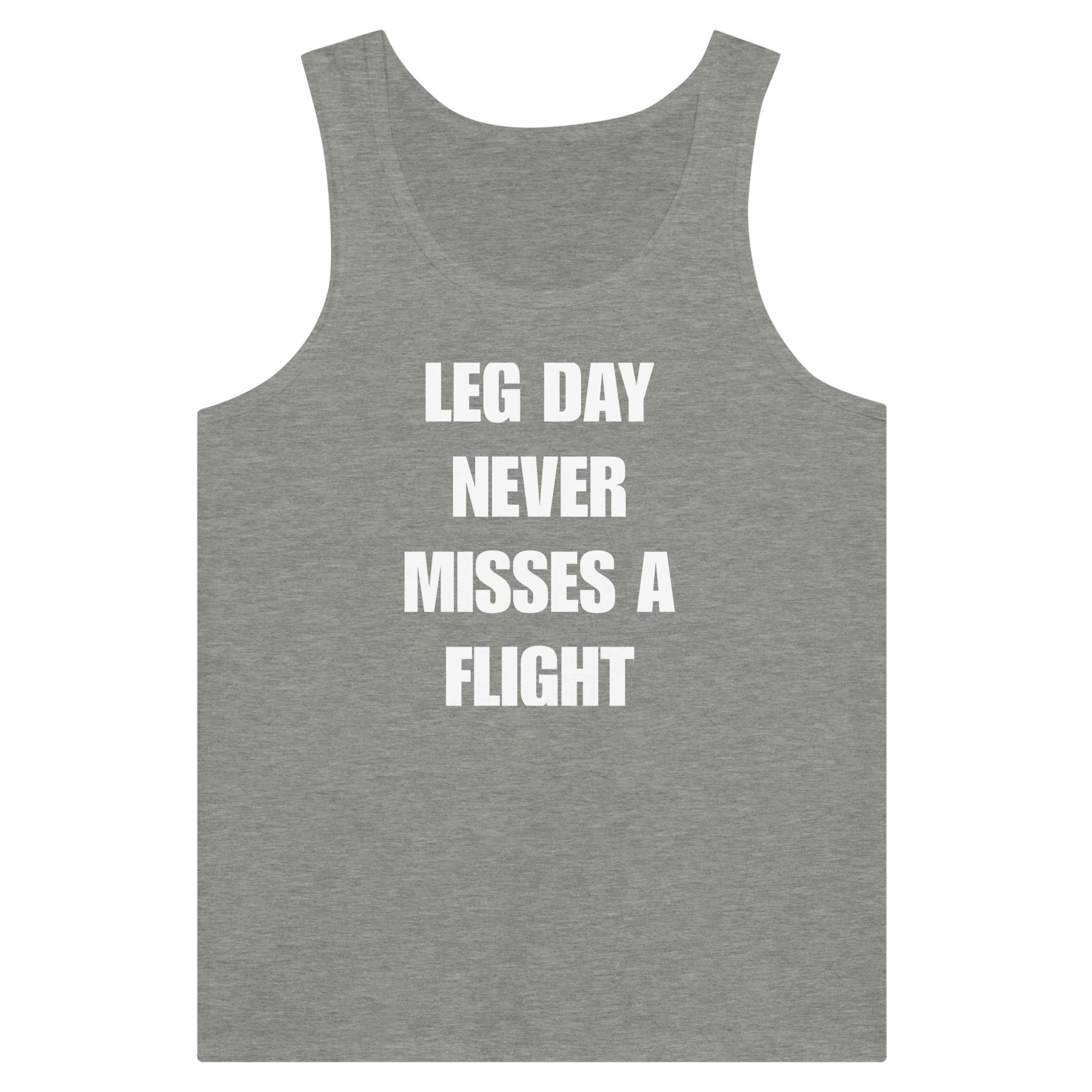 men's travel tank with white Leg Day Never Misses a Flight print on dark fabric — Dumbbells & Hotels
