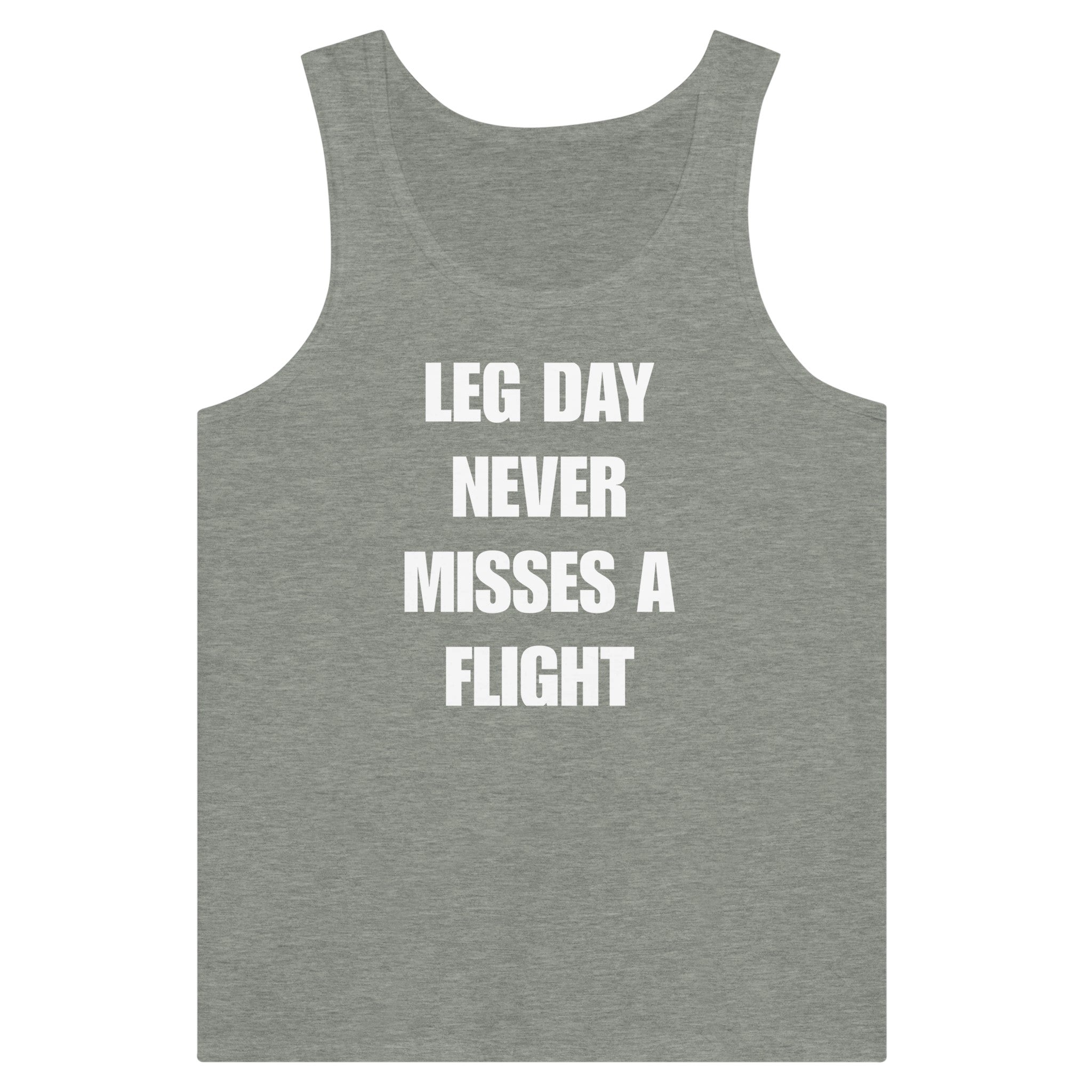 men's travel tank with white Leg Day Never Misses a Flight print on dark fabric — Dumbbells & Hotels