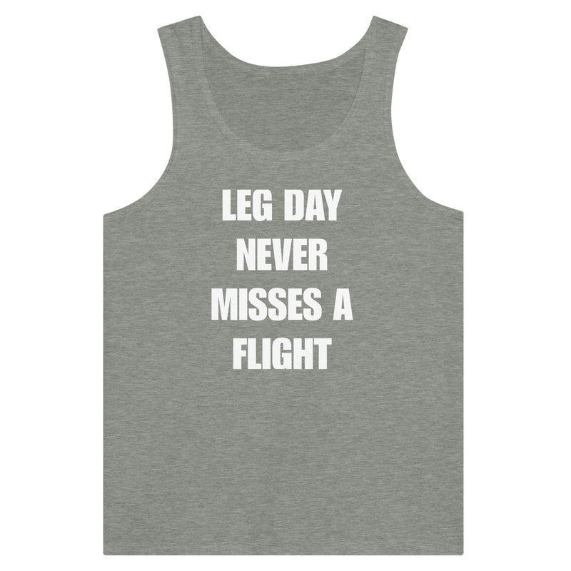 men's travel tank with white Leg Day Never Misses a Flight print on dark fabric — Dumbbells & Hotels