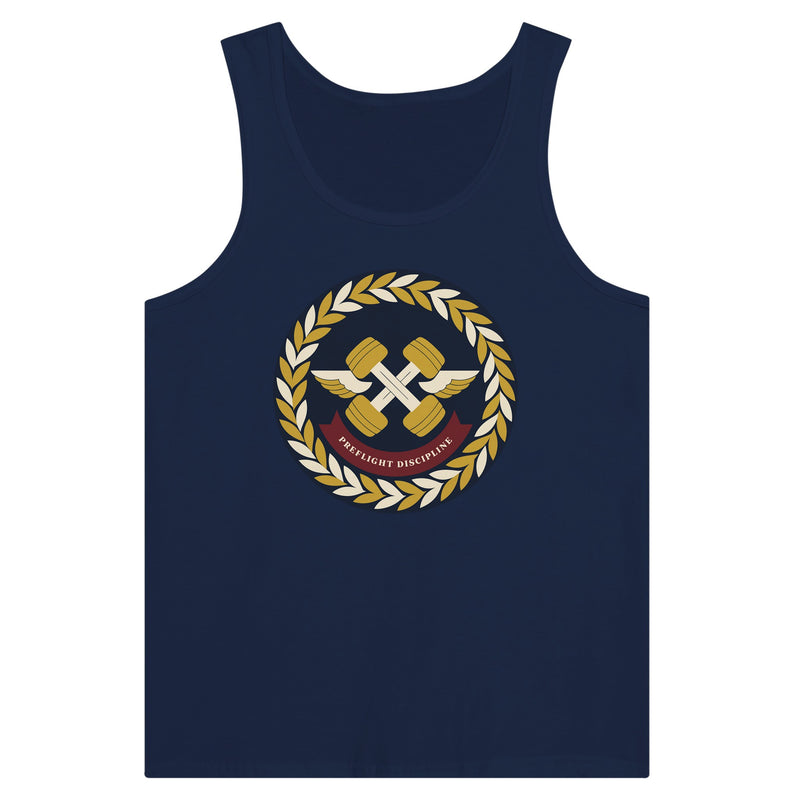 Preflight Discipline unisex tank top for travelling professionals, printed with a laurel-wreath crest with crossed dumbbells, aviator wings and a PREFLIGHT DISCIPLINE banner — product photo 11 of 18