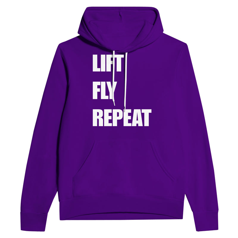 Lift Fly Repeat unisex pullover hoodie for travelling professionals, printed with a laurel-wreath crest with crossed dumbbells, aviator wings and a LIFT. FLY. REPEAT. ribbon — product photo 3 of 12