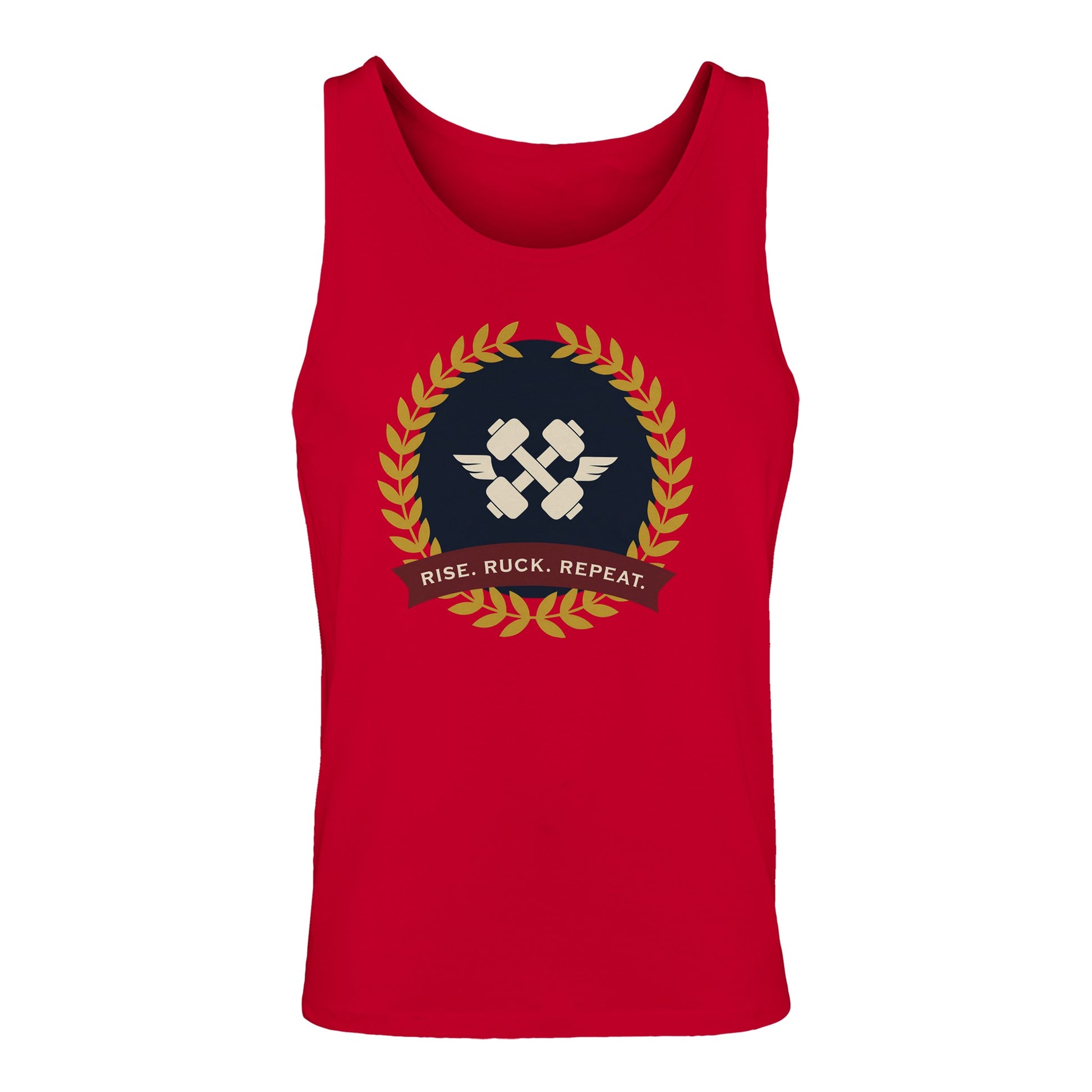 Rise. Ruck. Repeat. artwork detail on a unisex tank top designed for hotel gyms and long layovers