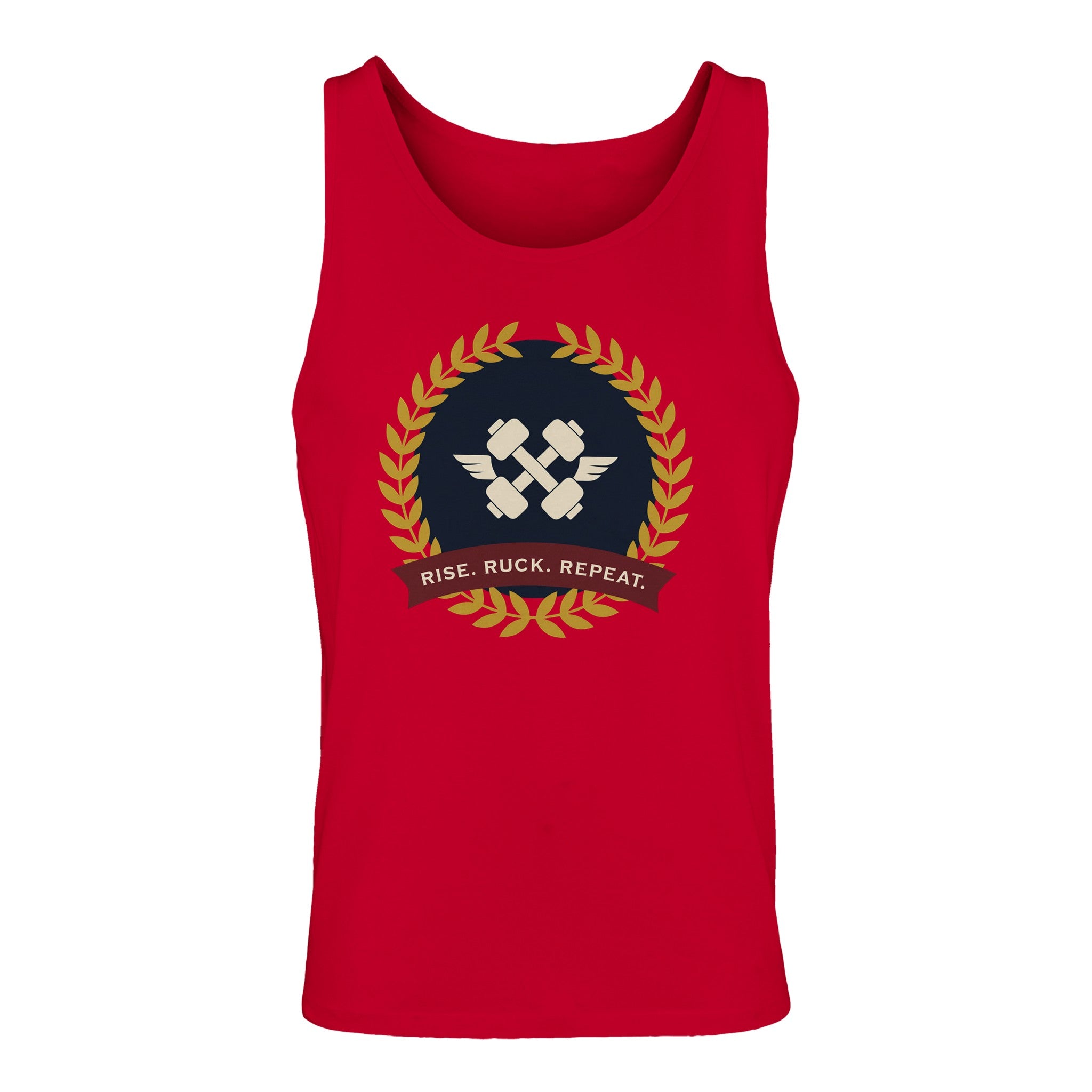 Rise. Ruck. Repeat. artwork detail on a unisex tank top designed for hotel gyms and long layovers