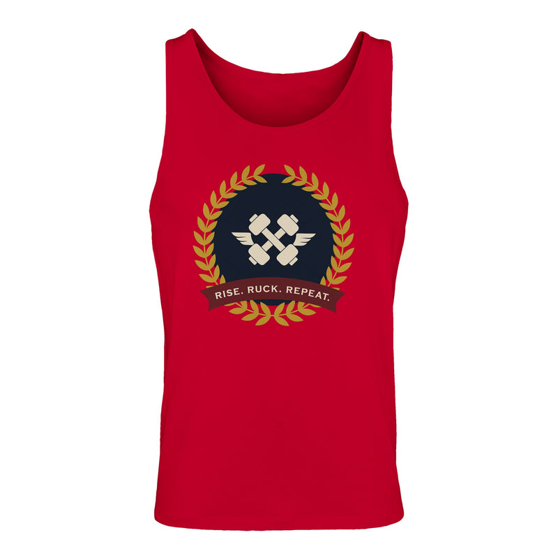 Rise. Ruck. Repeat. artwork detail on a unisex tank top designed for hotel gyms and long layovers
