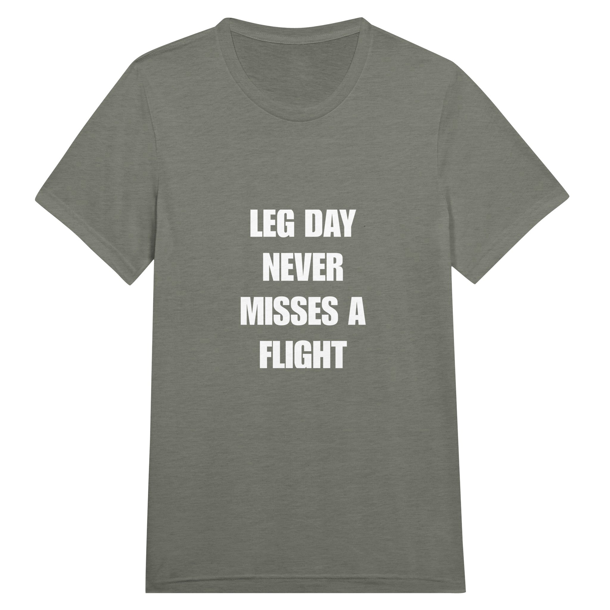 Leg Day Never Misses a Flight unisex triblend tee for travelling professionals, printed with a laurel-wreath crest with crossed dumbbells, aviator wings and a LEG DAY NEVER MISSES A FLIGHT ribbon — product photo 1 of 19